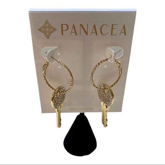 Panacea Sparkly Gold Toned Key Shaped Drop Earrings - Picture 1 of 5